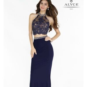 Alyce Paris Size 6 Navy and lace 2 piece embellished crop top and skirt formal